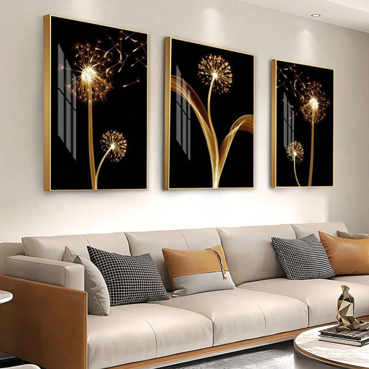 3pcs Abstract Golden Dandelion Luxury Wall Art Canvas Painting, Suitable For Liv - Image 2