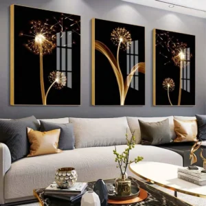 3pcs Abstract Golden Dandelion Luxury Wall Art Canvas Painting, Suitable For Liv