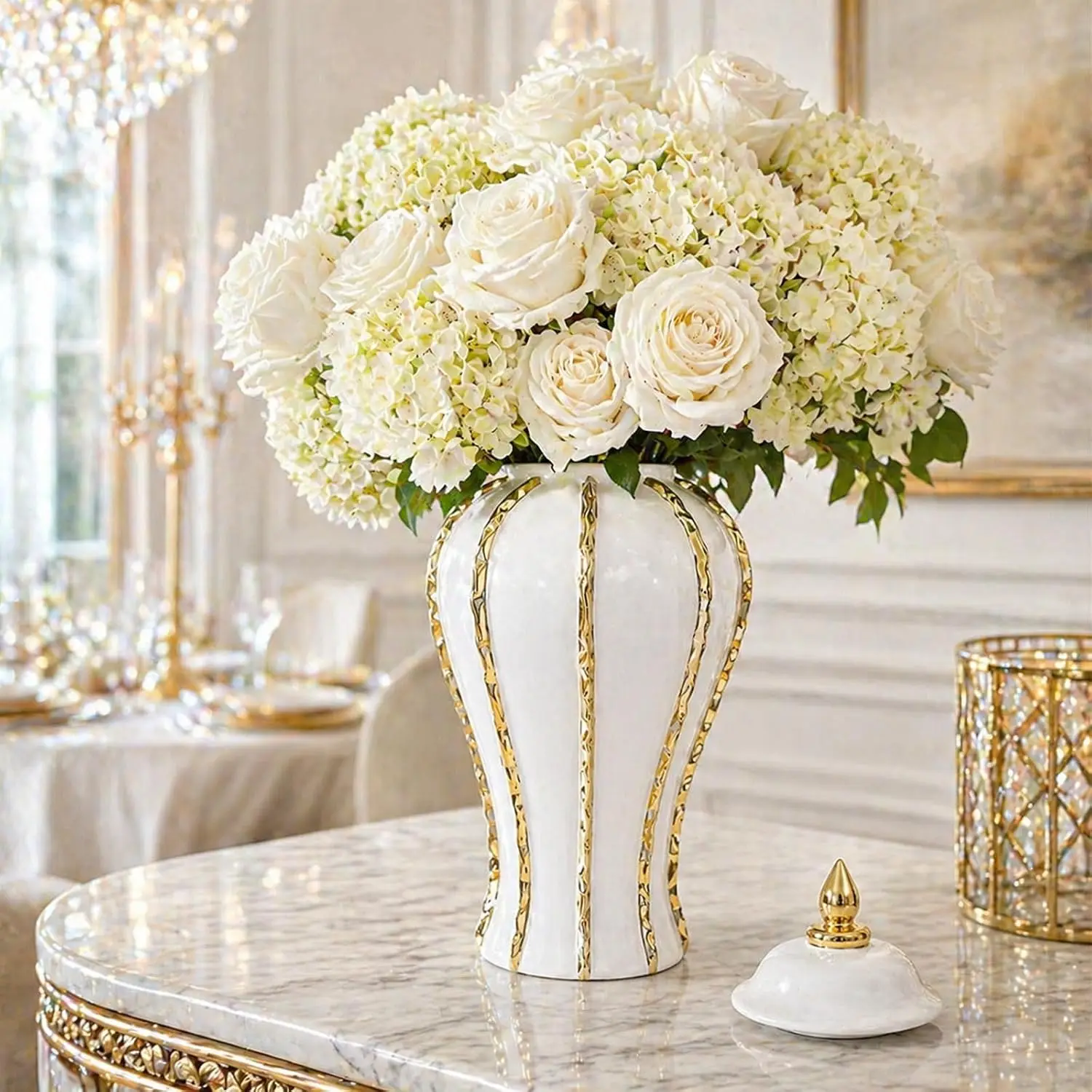 18″ White Gold Ginger Jar, Ceramic Decorative Vase | Porcelain build, Glos - Image 6