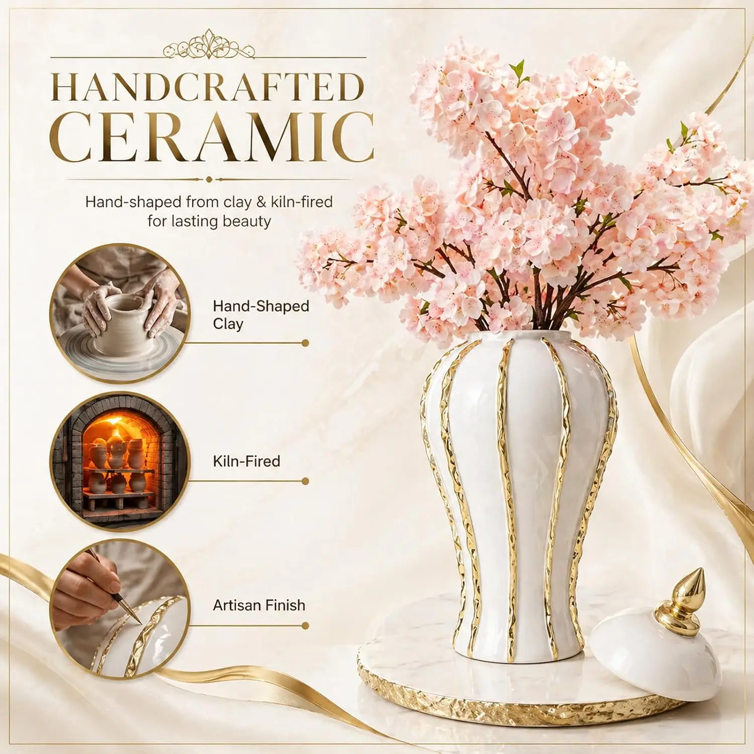 18″ White Gold Ginger Jar, Ceramic Decorative Vase | Porcelain build, Glos - Image 4