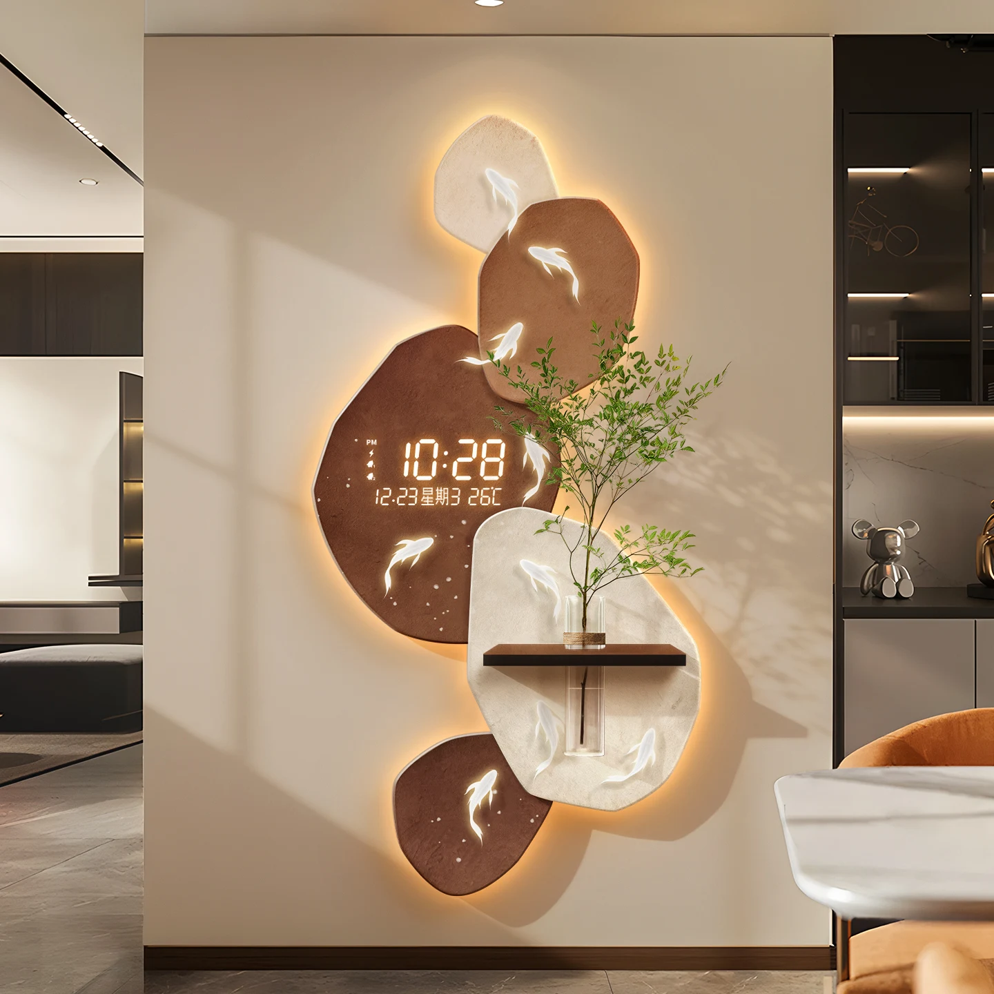 Nine Fish Painting Living Room Luxury Wall Clock Digital Wall Art Feng Shui Entr - Image 3