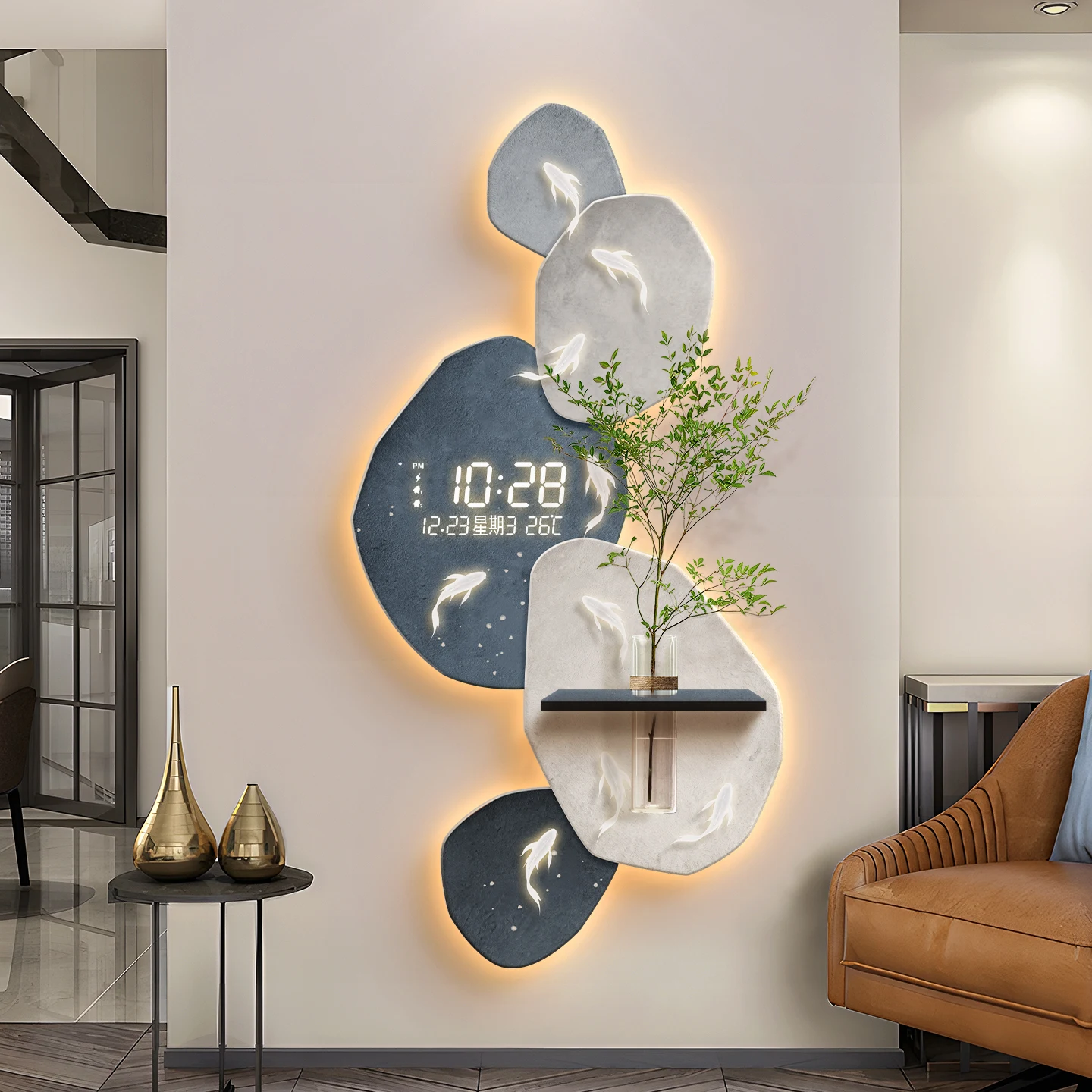 Nine Fish Painting Living Room Luxury Wall Clock Digital Wall Art Feng Shui Entr - Image 4