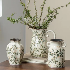 Ceramic Flower Vase Set for Home Decor, Vintage Green Vase (6+6+7 Inch) | Rustic