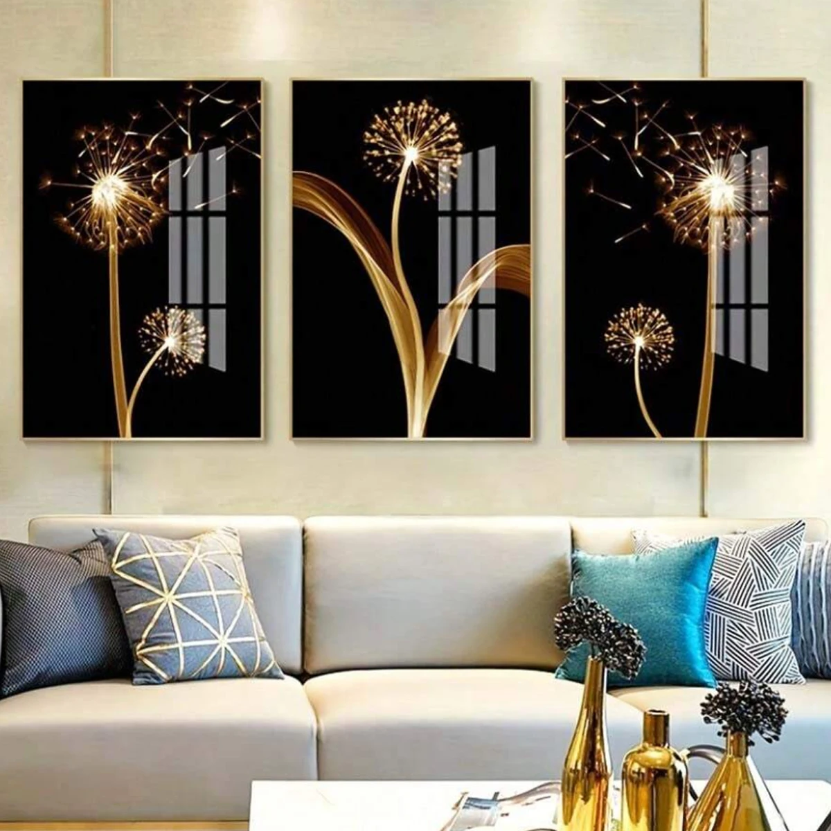 3pcs Abstract Golden Dandelion Luxury Wall Art Canvas Painting, Suitable For Liv - Image 4