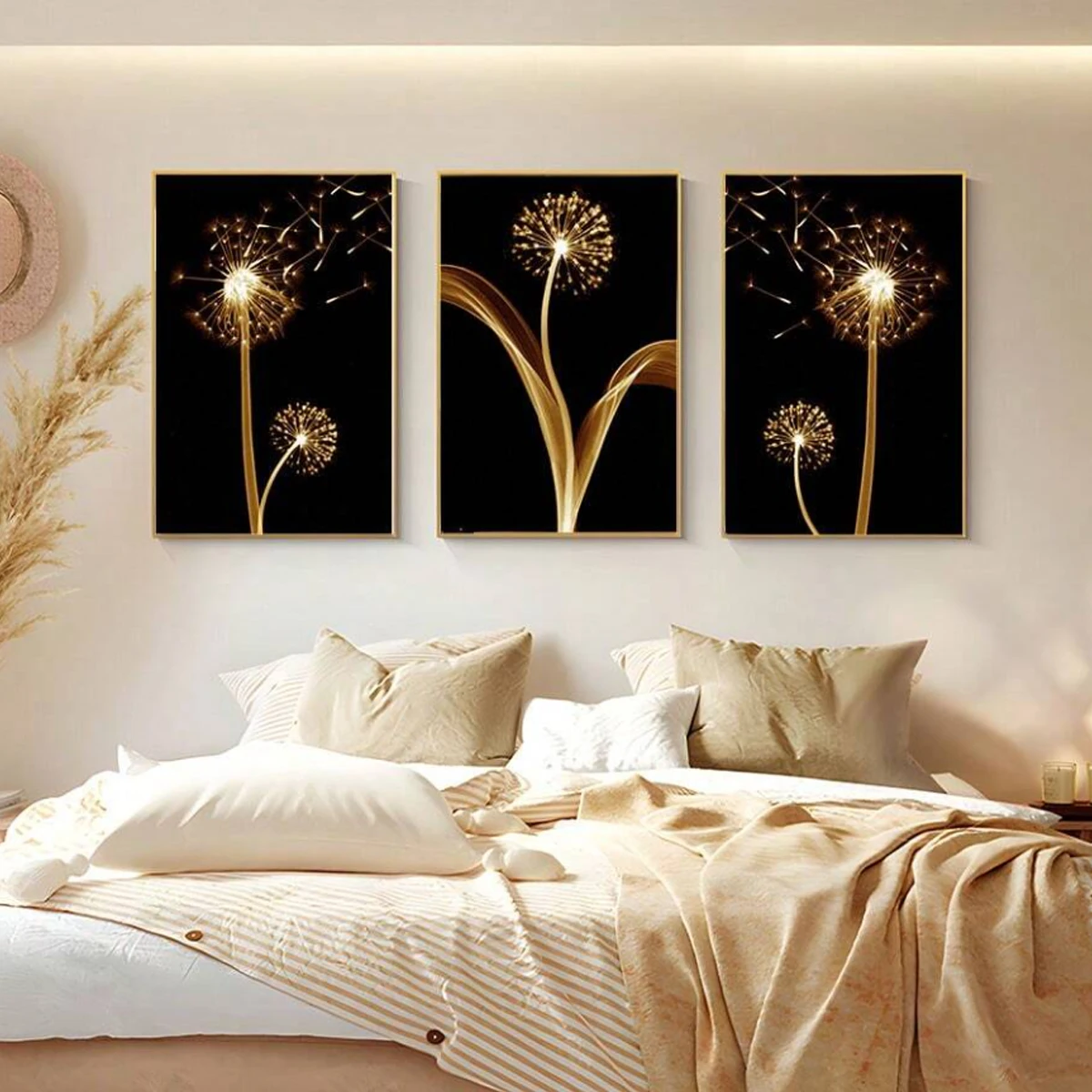 3pcs Abstract Golden Dandelion Luxury Wall Art Canvas Painting, Suitable For Liv - Image 3